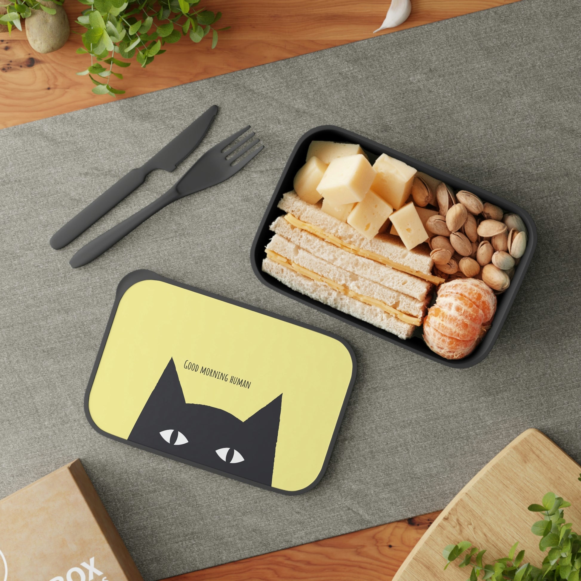 Black Cat PLA Bento Box with Band and Utensils, cat lunch box, back to school, kawaii bento box, cat lover gift, cute bento box eco friendly