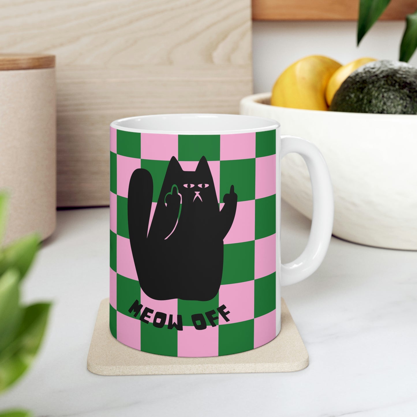 Black Cat pointing middle finger and says meow off Ceramic Mug 11oz, Checkered mug, Checked cat mug, funny cat coffee mug