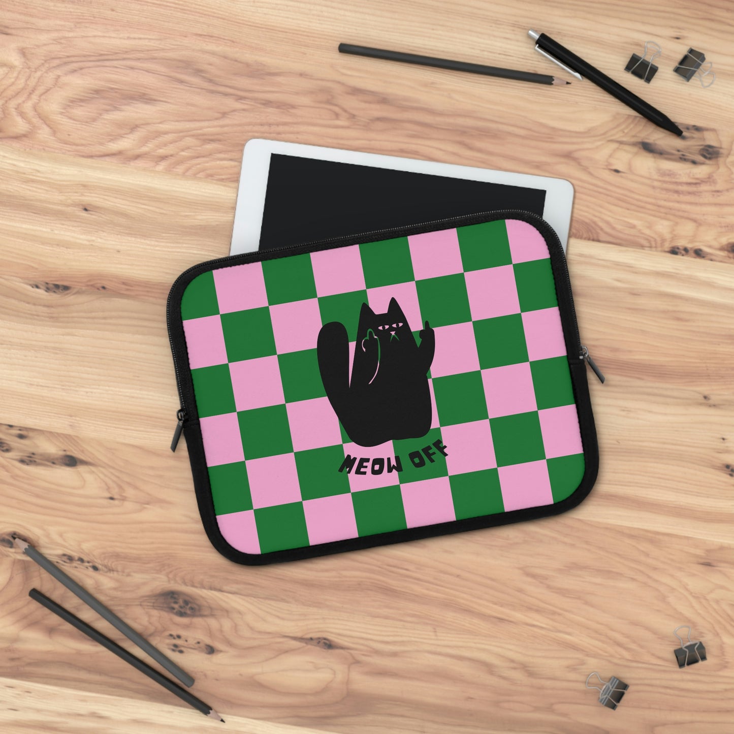 Checkered Funny Black Cat Laptop Sleeve