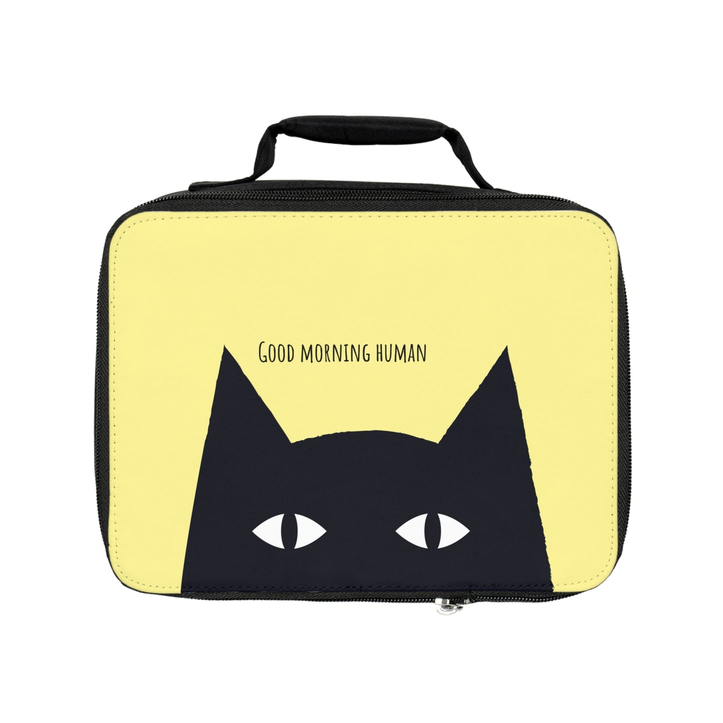 Cute kawaii cat lunch bag, Black Cat says Good Morning Human yellow Lunch Bag, funny cat lunch tote, back to school, cat lovers gift