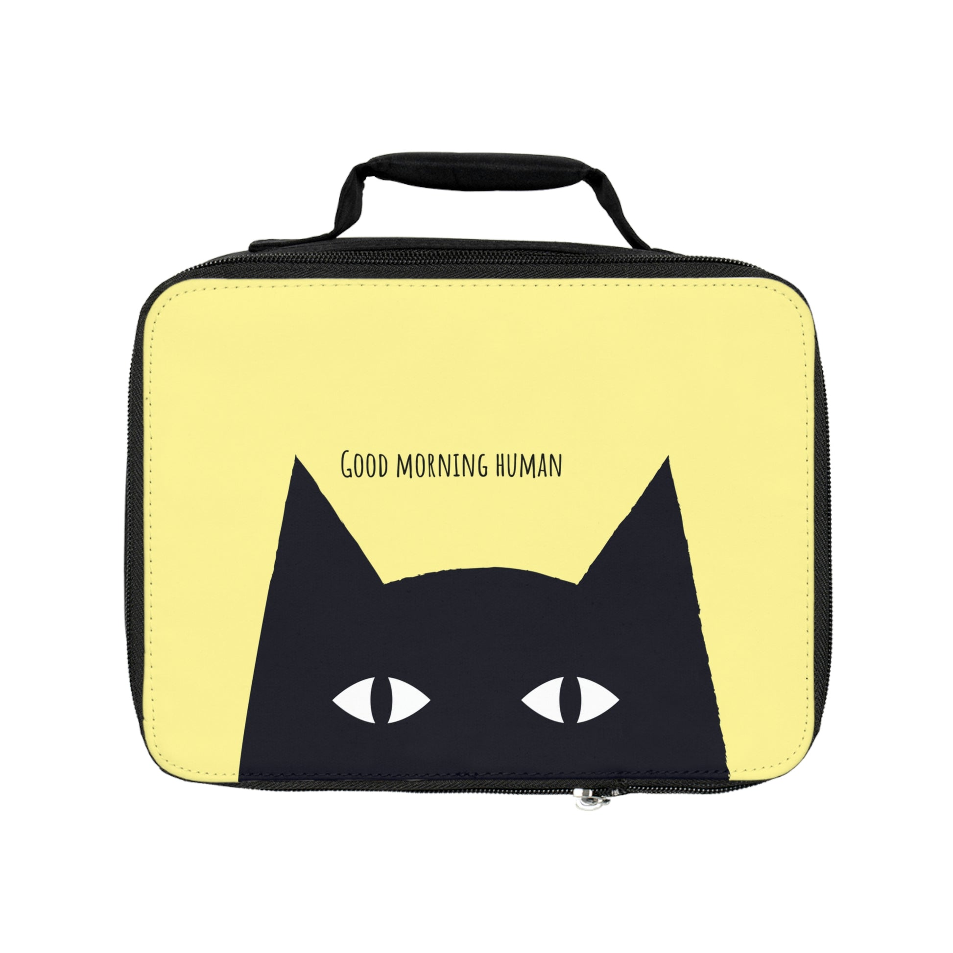 Cute kawaii cat lunch bag, Black Cat says Good Morning Human yellow Lunch Bag, funny cat lunch tote, back to school, cat lovers gift