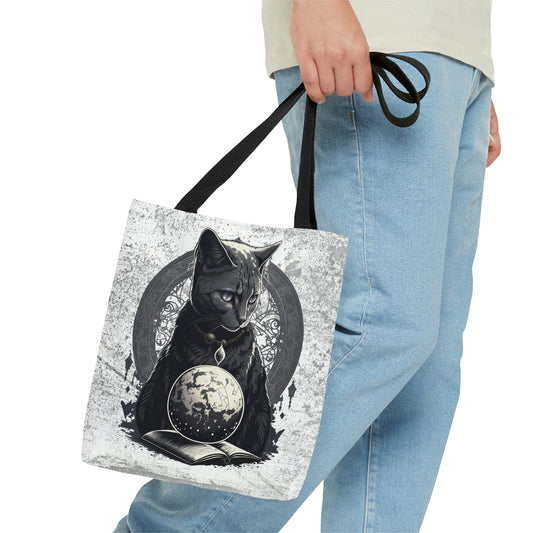 Cosmic Cat Tote Bag, cat magician reusable tote, witchy gothic grocery bag, magical reusable tote, whimsical celestial fantasy shopping bag