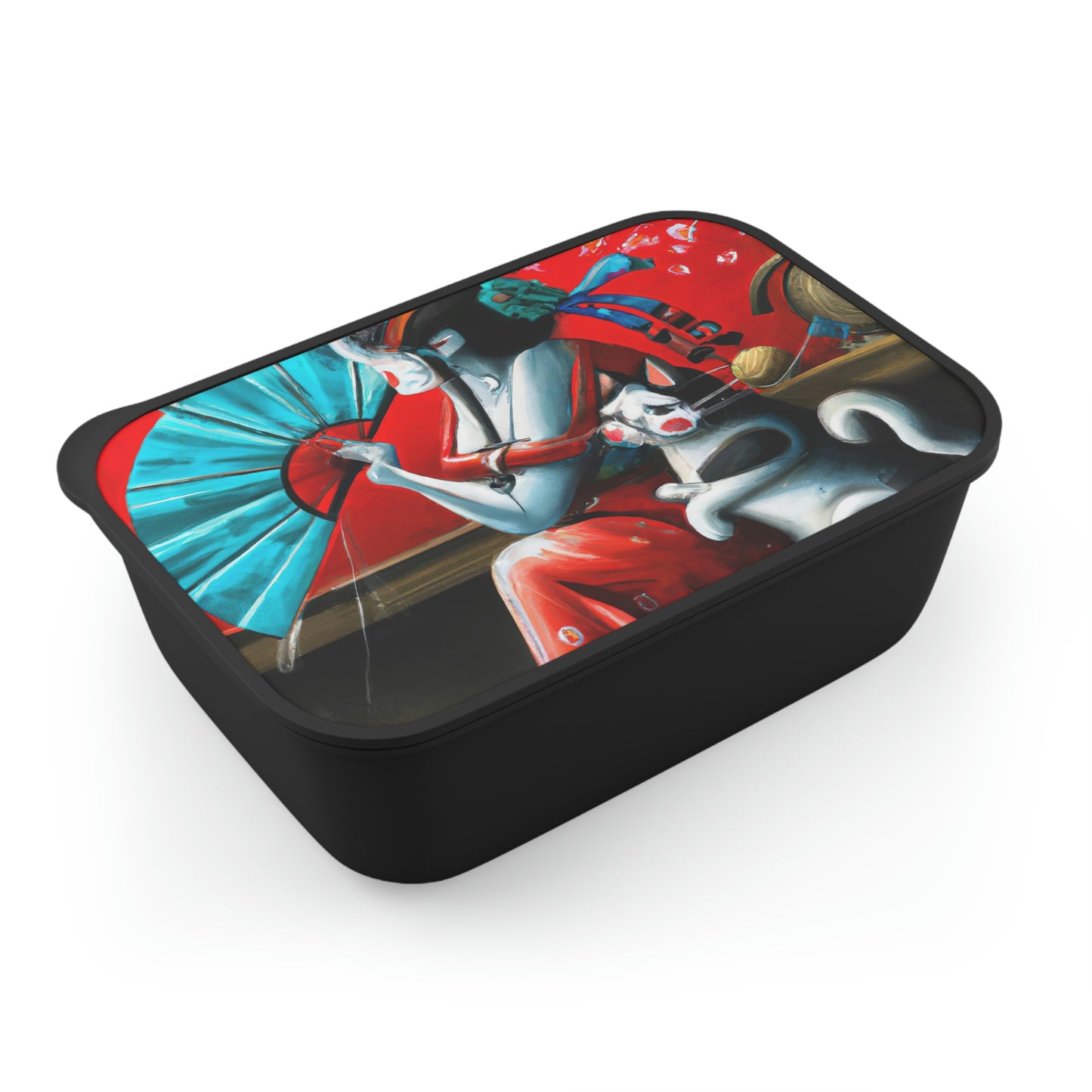 Geisha and cat Bento Box with Band and Utensils