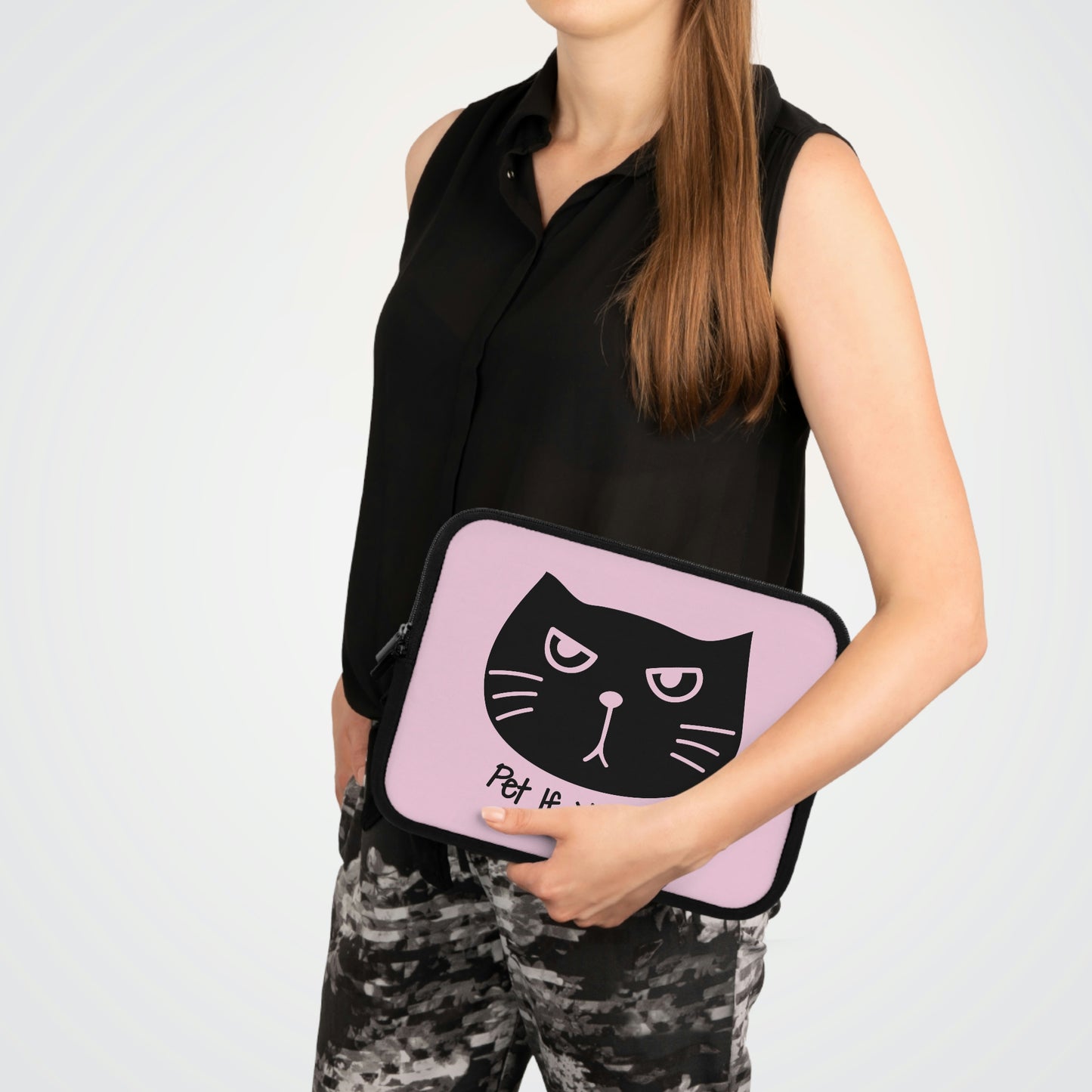 Black cat says Pet if you can pink Laptop Sleeve