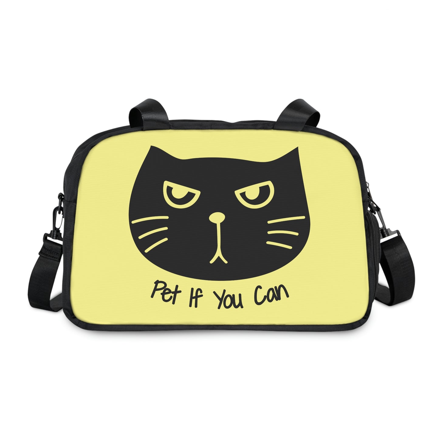 Black cat "Pet If You Can" yellow Fitness Handbag, Cat workout bag, gym bag, cat lover gift ,yoga bag, shoulder bag, travel bag, sport bag