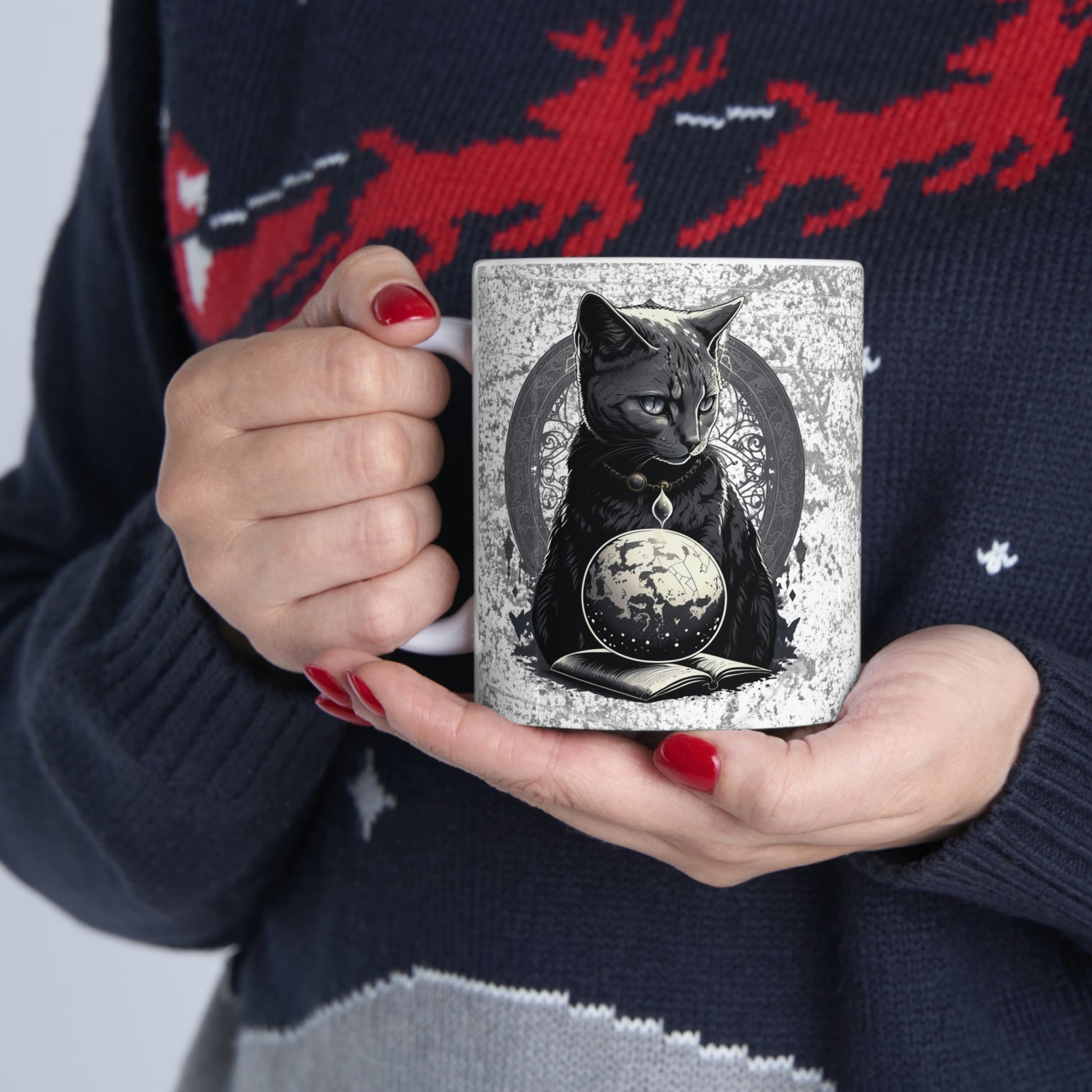 Cosmic Cat Ceramic Mug 11oz, cat magician coffee mug, witchy gothic cat tea cup, whimsical mug, witchcraft celestial cat mug, fantasy mug