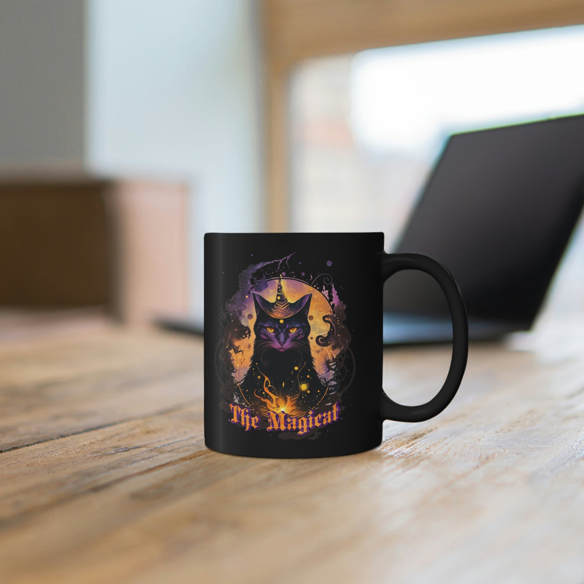 Magical black cat 11oz Black Mug, witchy cat familiar mug, celestial whimsical fantasy coffee mug, gothic cat mug, spiritual mystic tea cup