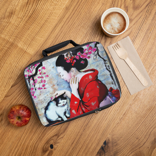 Geisha and a cat Lunch Bag, art painting maiko and a cat and a sakura tree picnic bag, Asian-inspired art lunch tote, back to school gift