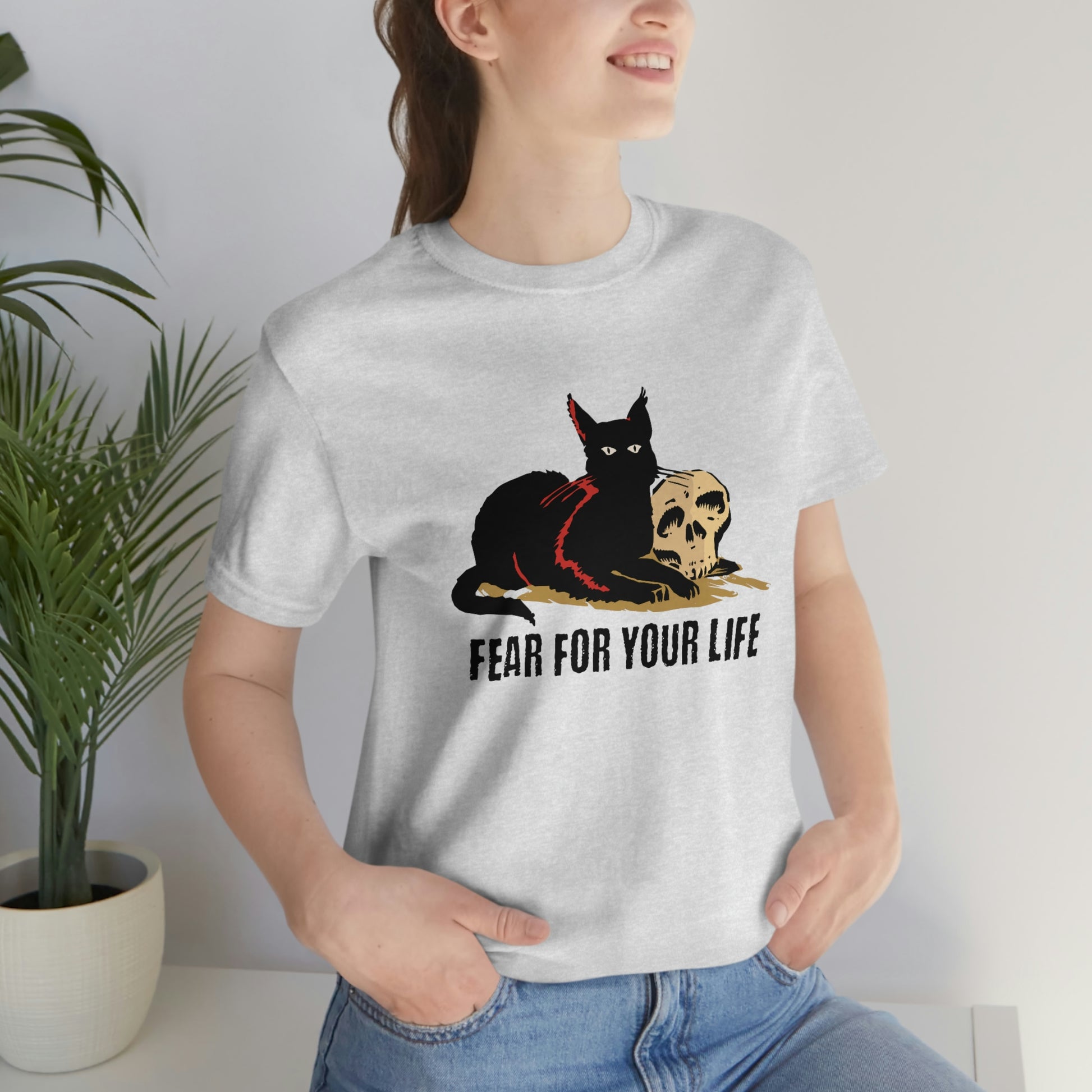 Black cat says fear for your life t shirt, funny black cat shirt, sarcastic cat tshirt, creepy cat tee, Spooky shirt, funny cat themed shirt