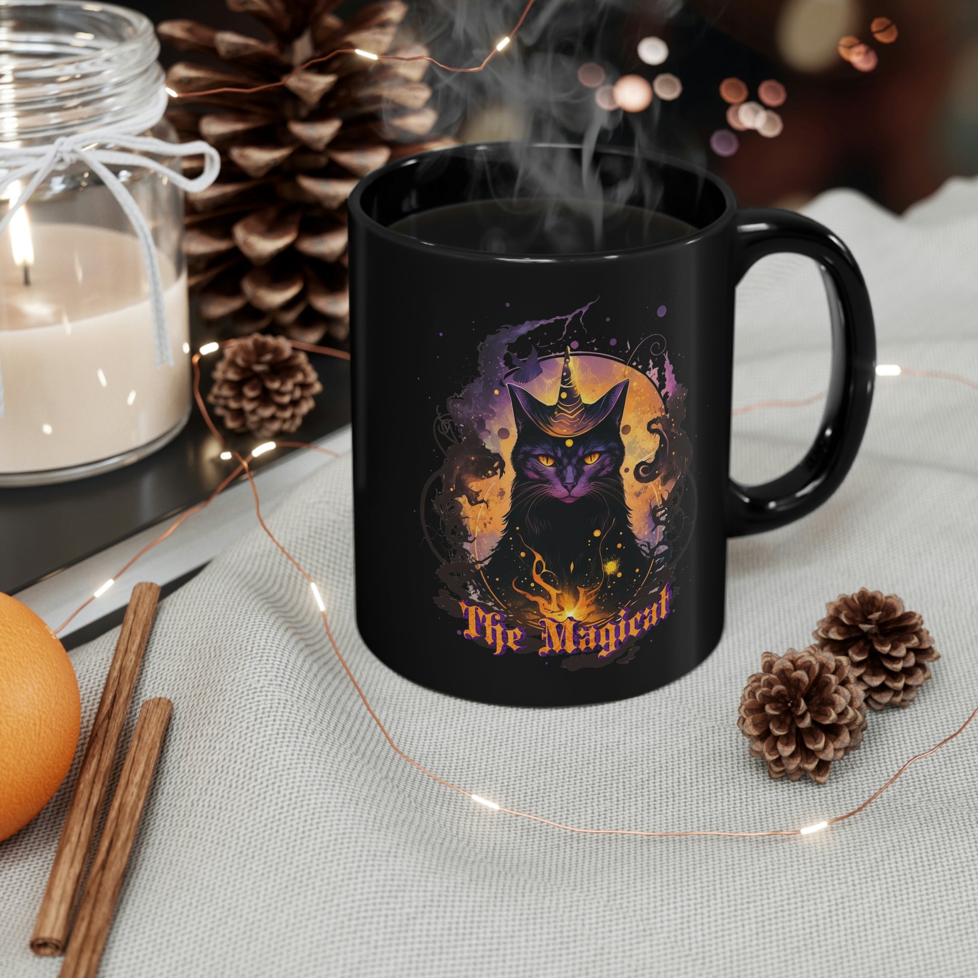 Magical black cat 11oz Black Mug, witchy cat familiar mug, celestial whimsical fantasy coffee mug, gothic cat mug, spiritual mystic tea cup