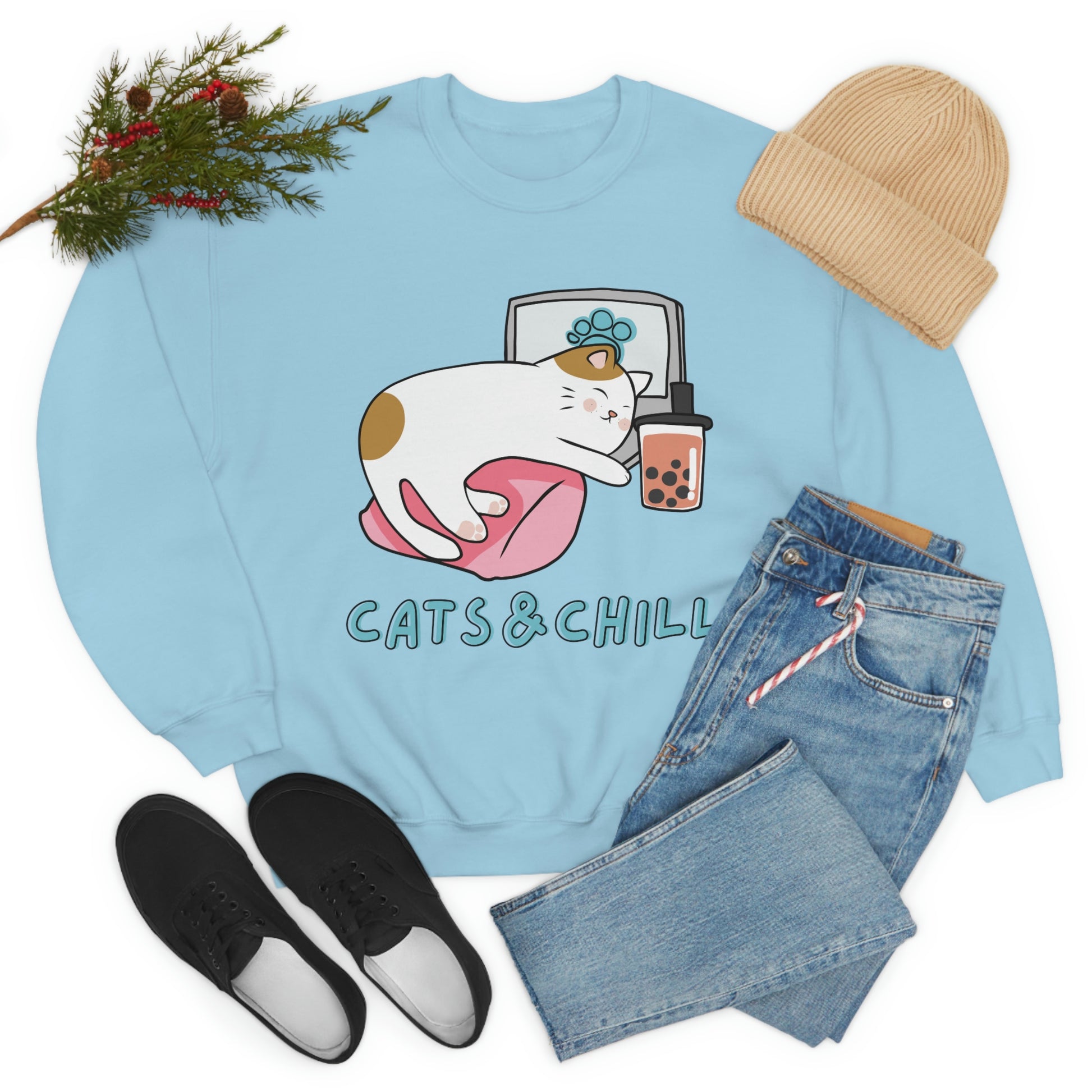 Cats and chill Crewneck Sweatshirt, cat lover gift, funny cat sweater, crazy cat lady jumper, cat owner gift, cat mom pullover cute cat gift