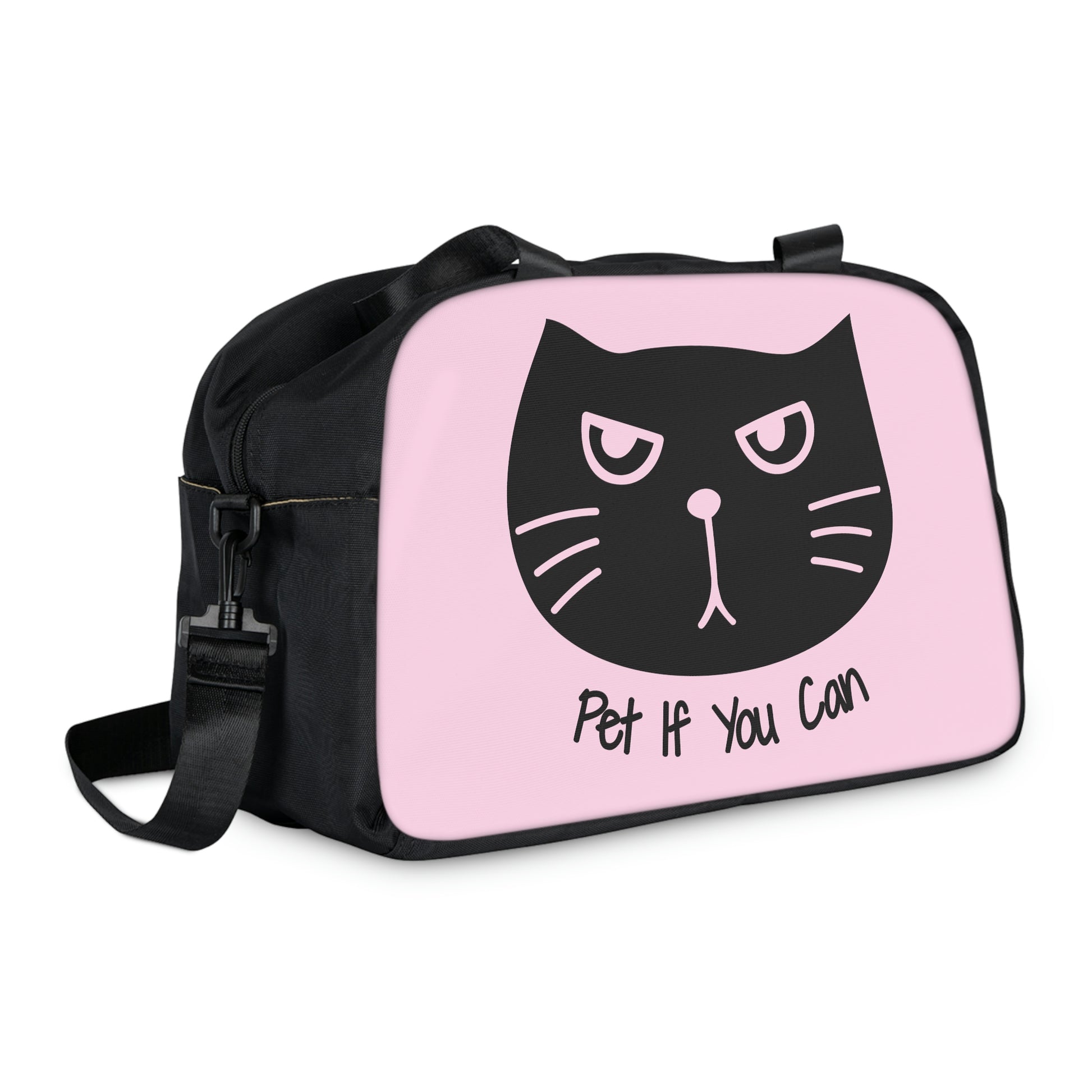 Black cat "Pet If You Can" pink Fitness Handbag, Cat workout bag, gym bag, cat lover gift ,yoga bag, shoulder bag, travel bag, sport bag