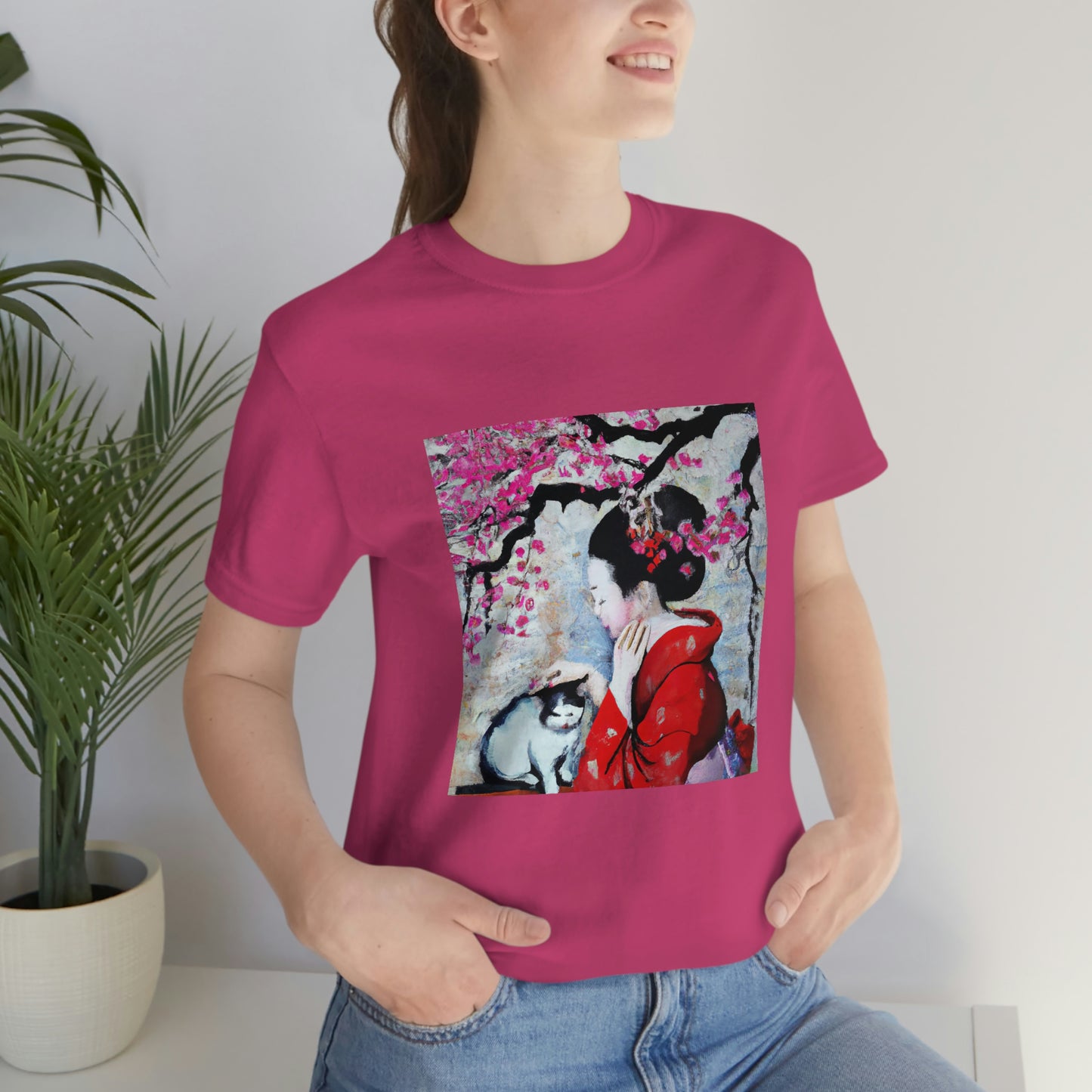 Geisha and a cat sakura tree T-shirt