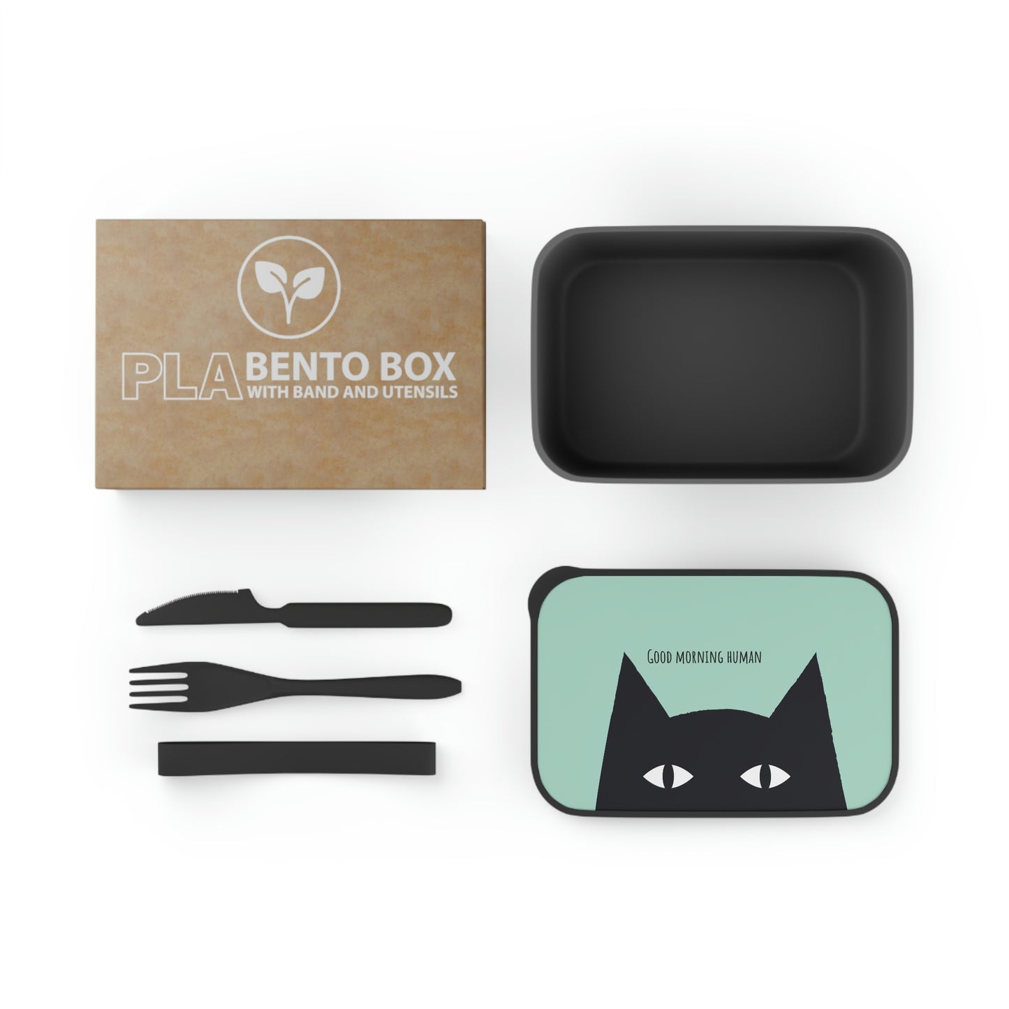 Black Cat says Good Morning Human PLA Bento Lunch Box with Band and Utensils