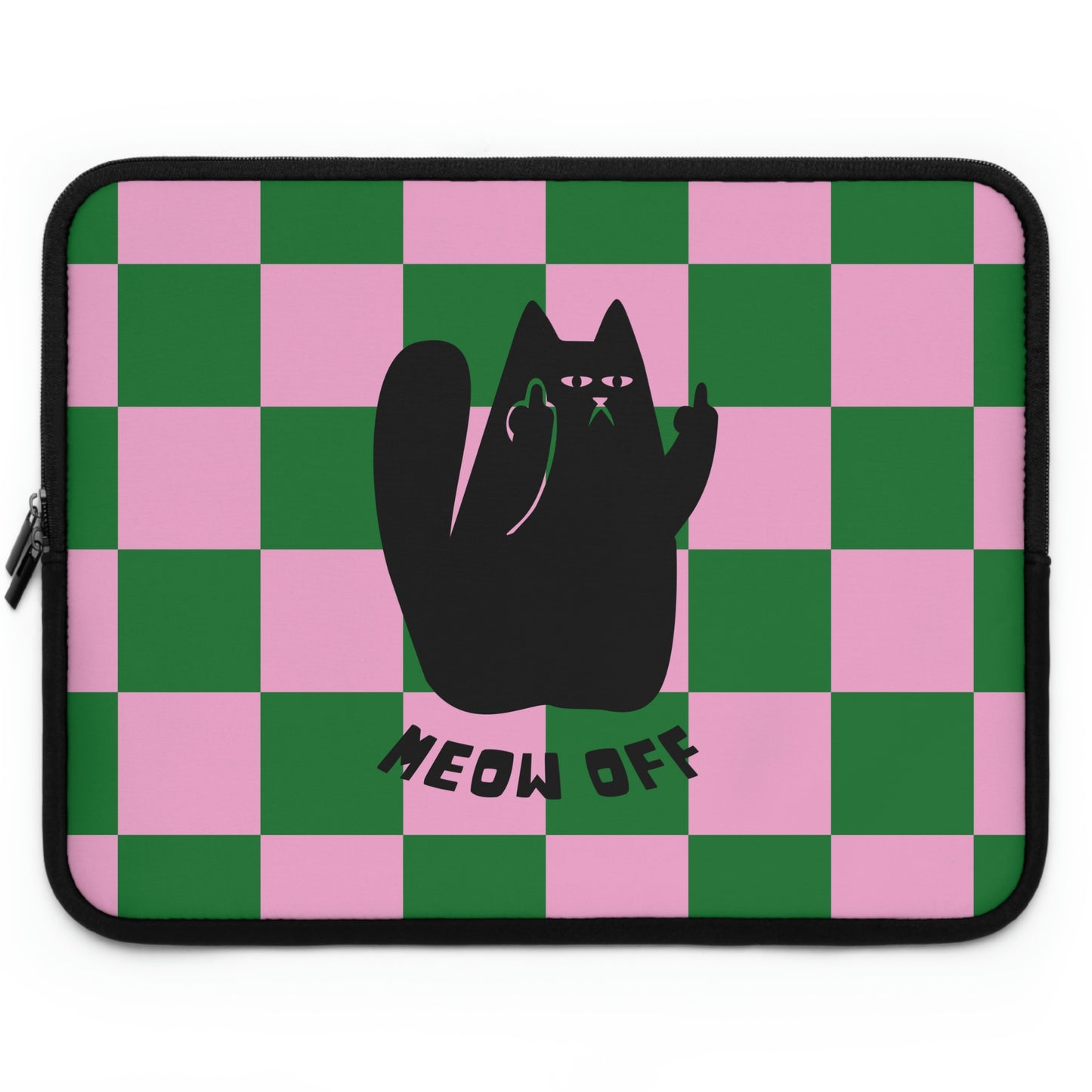 Checkered Funny Black cat Laptop Sleeve, Cat middle finger modern laptop case, pattern laptop cover bag, macbook sleeve, cat lover gift