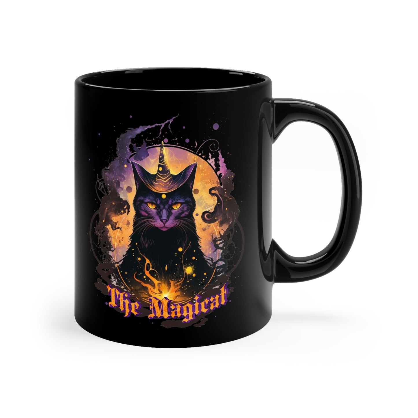 Magical black cat 11oz Black Mug, witchy cat familiar mug, celestial whimsical fantasy coffee mug, gothic cat mug, spiritual mystic tea cup