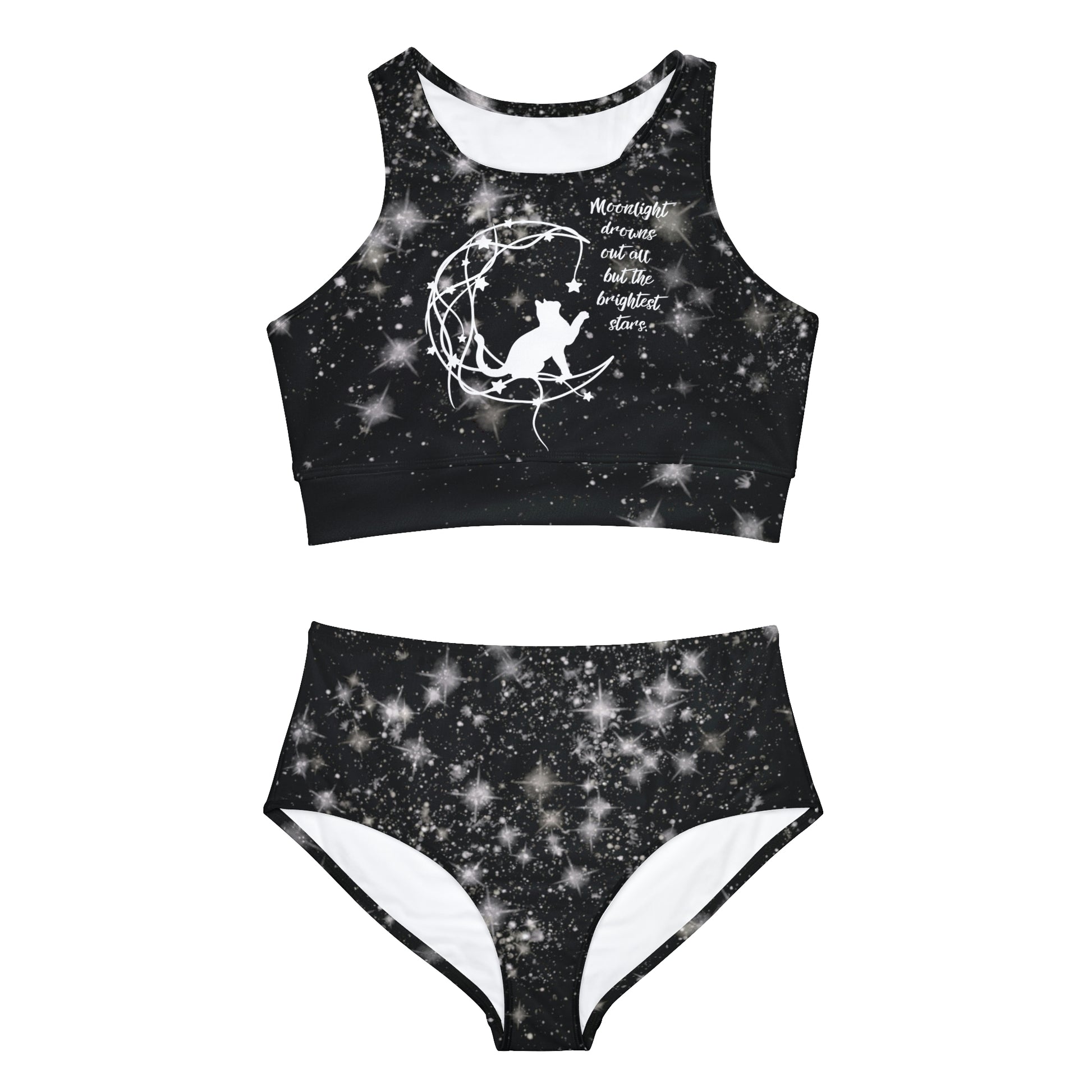 Magical cat and moon Sporty Bikini Set, fantasy celestial swimwear, whimsical swimsuit, cat lover gift Mystical Astral style athletic bikini