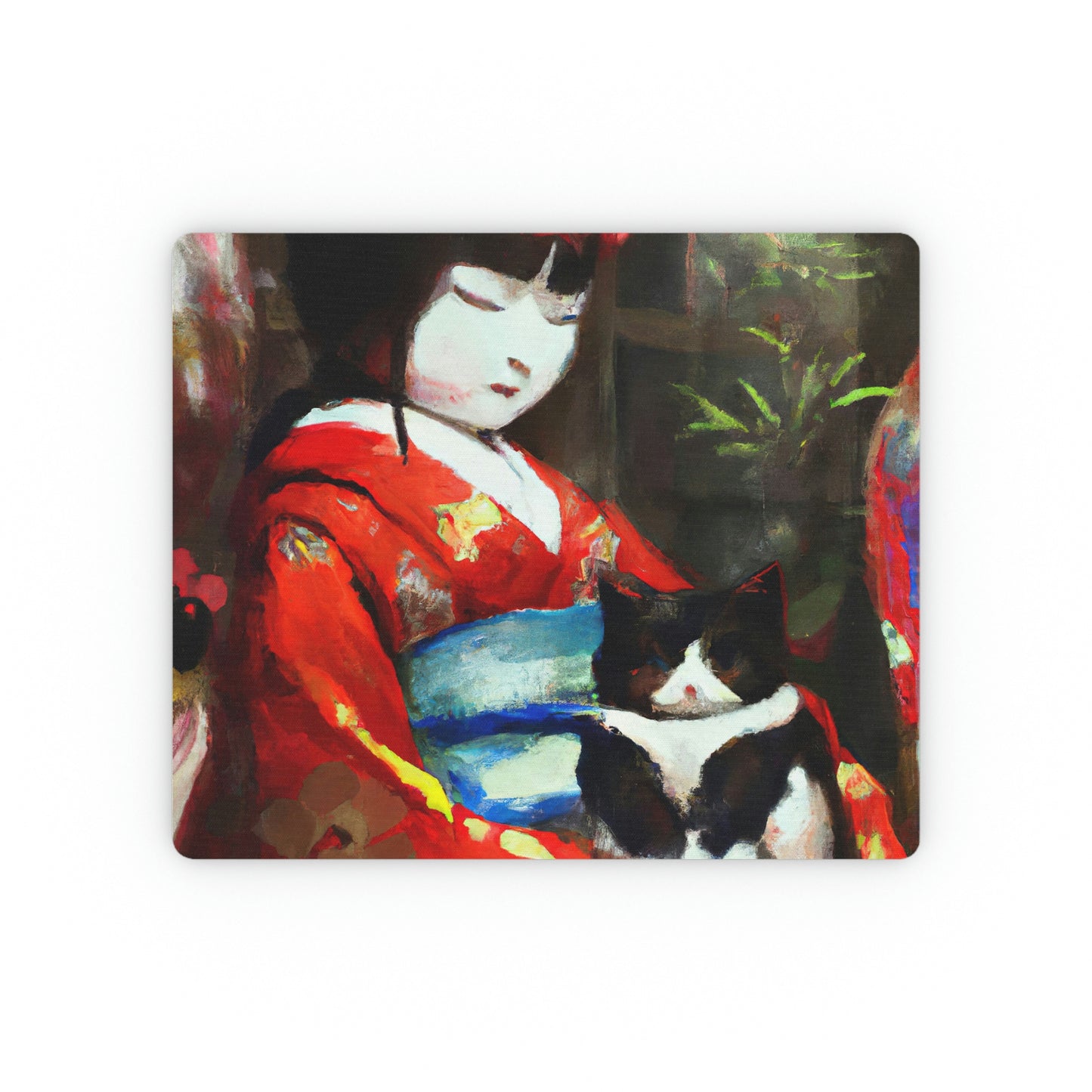 Geisha and cat round mouse pad, maiko and cat mouse pad Japanese feudal art mouse pad, Asian-inspired aesthetic mouse pad, back to school