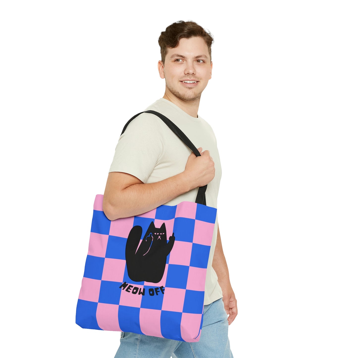 Checkered Funny Cat Canvas Tote Bag