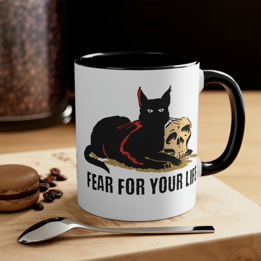 Black Cat Says Fear For Your Life Accent Coffee Mug, Creepy cat cup, cat mom coffee mug