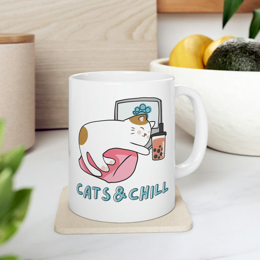 Cats and chill Ceramic Mug 11oz, cat lover gift, cat owner gift, funny cat mug, cat coffee mug, cat coffee mug funny gift, cute cat tea cup