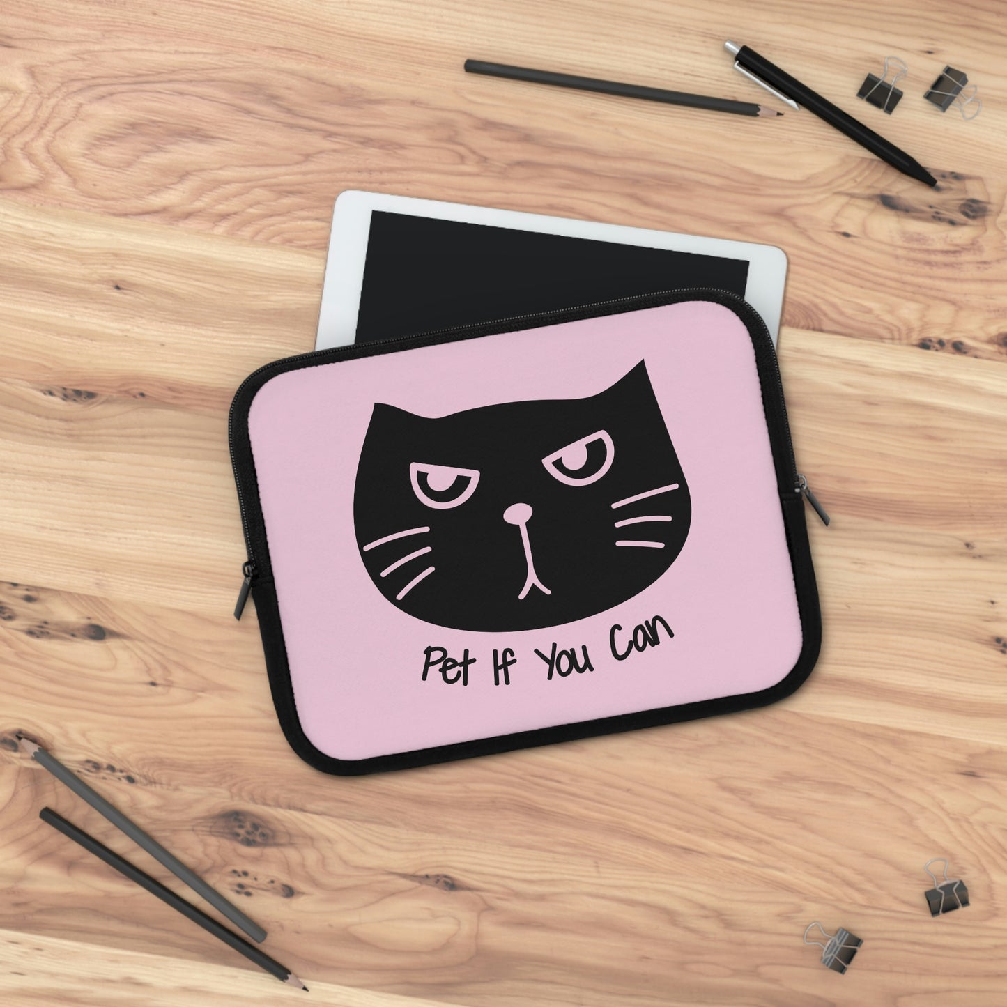 Black cat says Pet if you can pink Laptop Sleeve