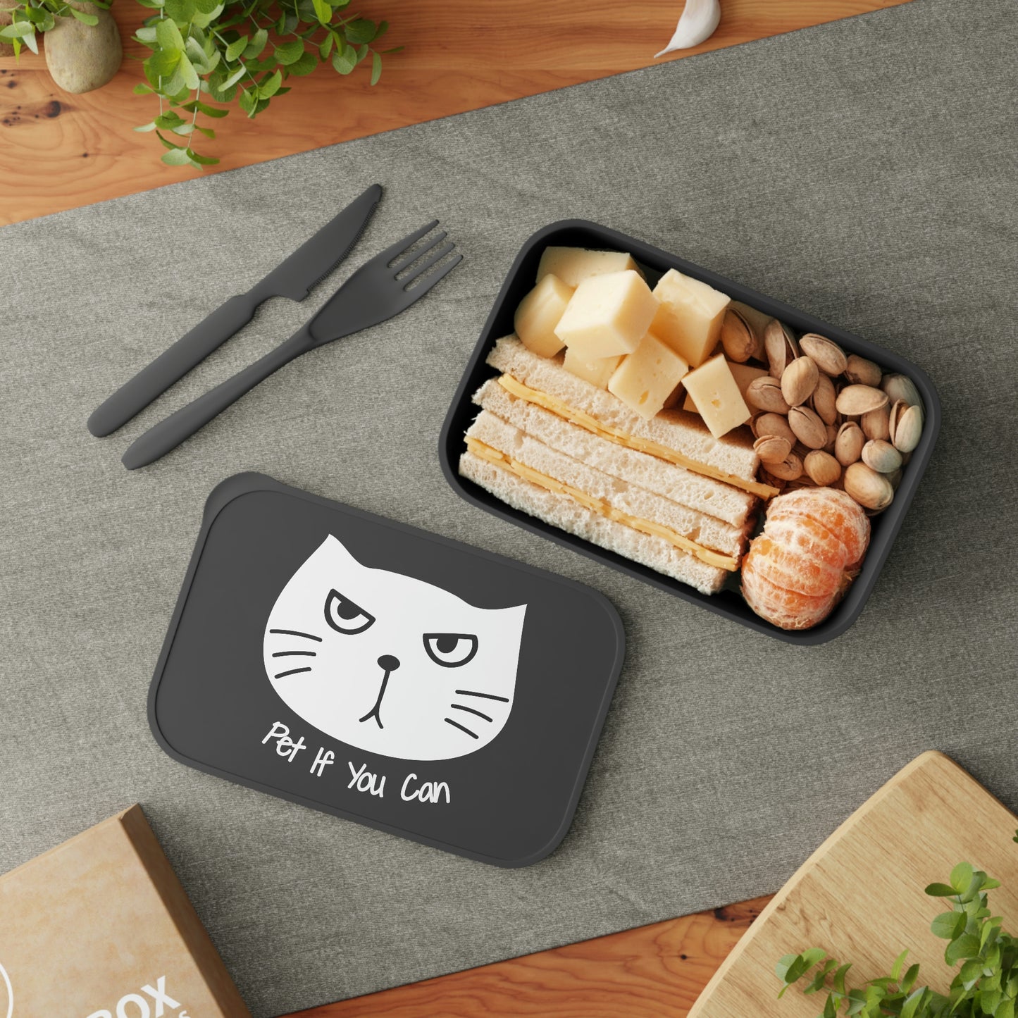 White cat "Pet If You Can" PLA Bento Box with Band and Utensils, kawaii bento box, back to school, cat cute lunch bag, gift for her