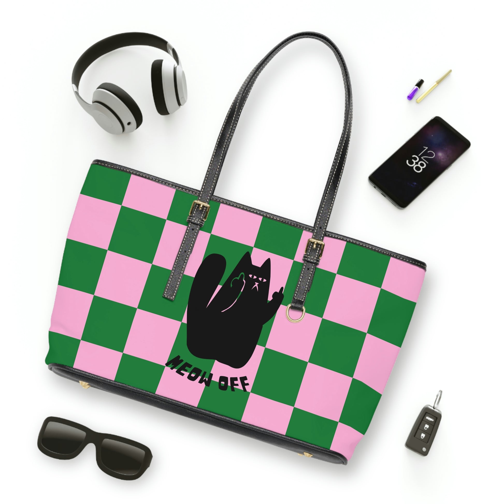 Checked Funny Black Cat Shoulder Bag | Kawaii Cute Crazy Cat Lady Bag 17 x 11 / Black