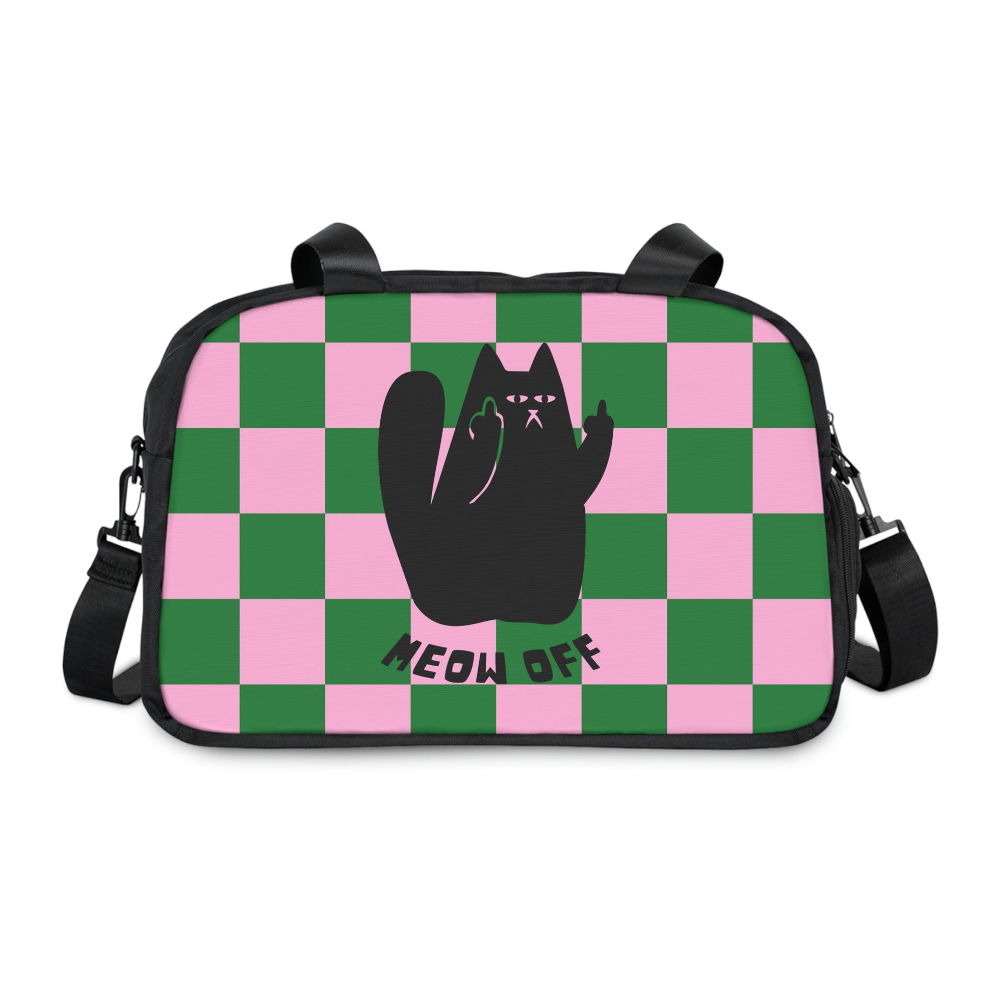 Checkered Funny cat Fitness Handbag, Black Cat pointing middle finger workout bag, gym bag, cat lover gift ,yoga bag, travel bag, sport bag