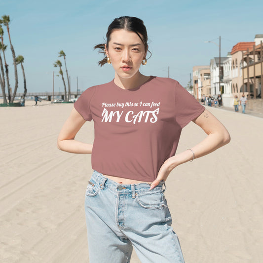 Please buy this so I can feed my cats Women's Flowy Cropped Tee, Funny cat quote cropped top, cute cat cropped top, kawaii cat crop top