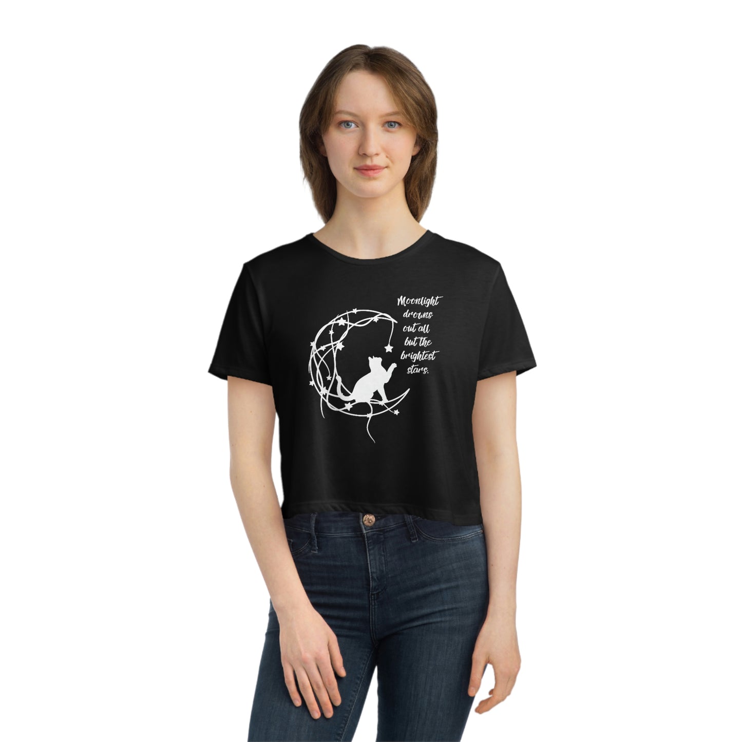 Magical cat and moon Women's Flowy Cropped Tee
