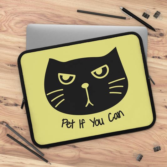 Funny Black cat says Pet if you can yellow Laptop Sleeve, funny cat laptop case, cute laptop bag, kawaii laptop sleeve, cat lover gift