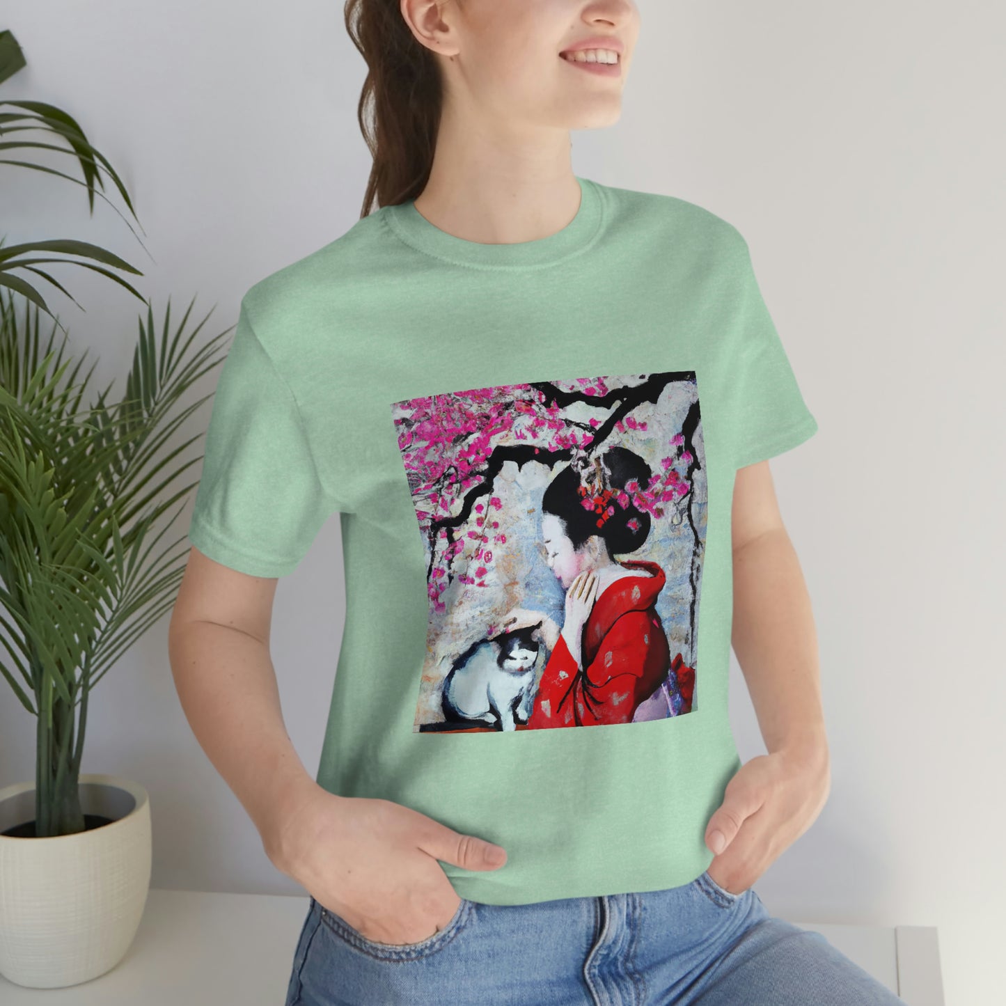 Geisha and a cat T-shirt, art painting maiko and a cat and a sakura tree shirt, Asian-inspired art t shirt, feudal japan tee, cat lover gift