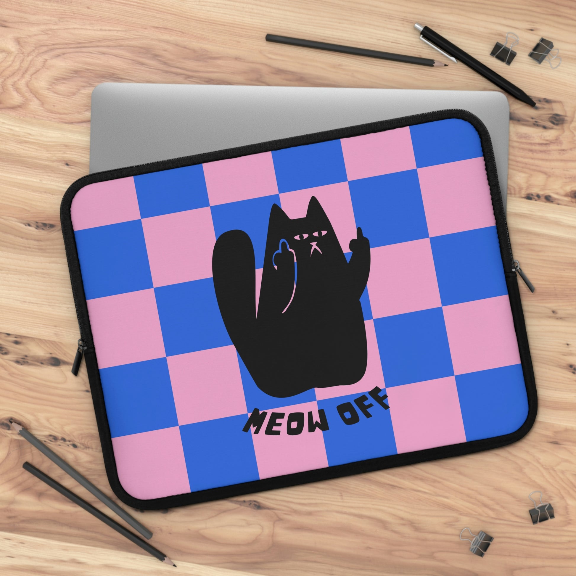 Checkered Funny cat Laptop Sleeve, black Cat middle finger laptop case, cat mom laptop cover bag, Kawaii macbook sleeve, cute cat lover gift