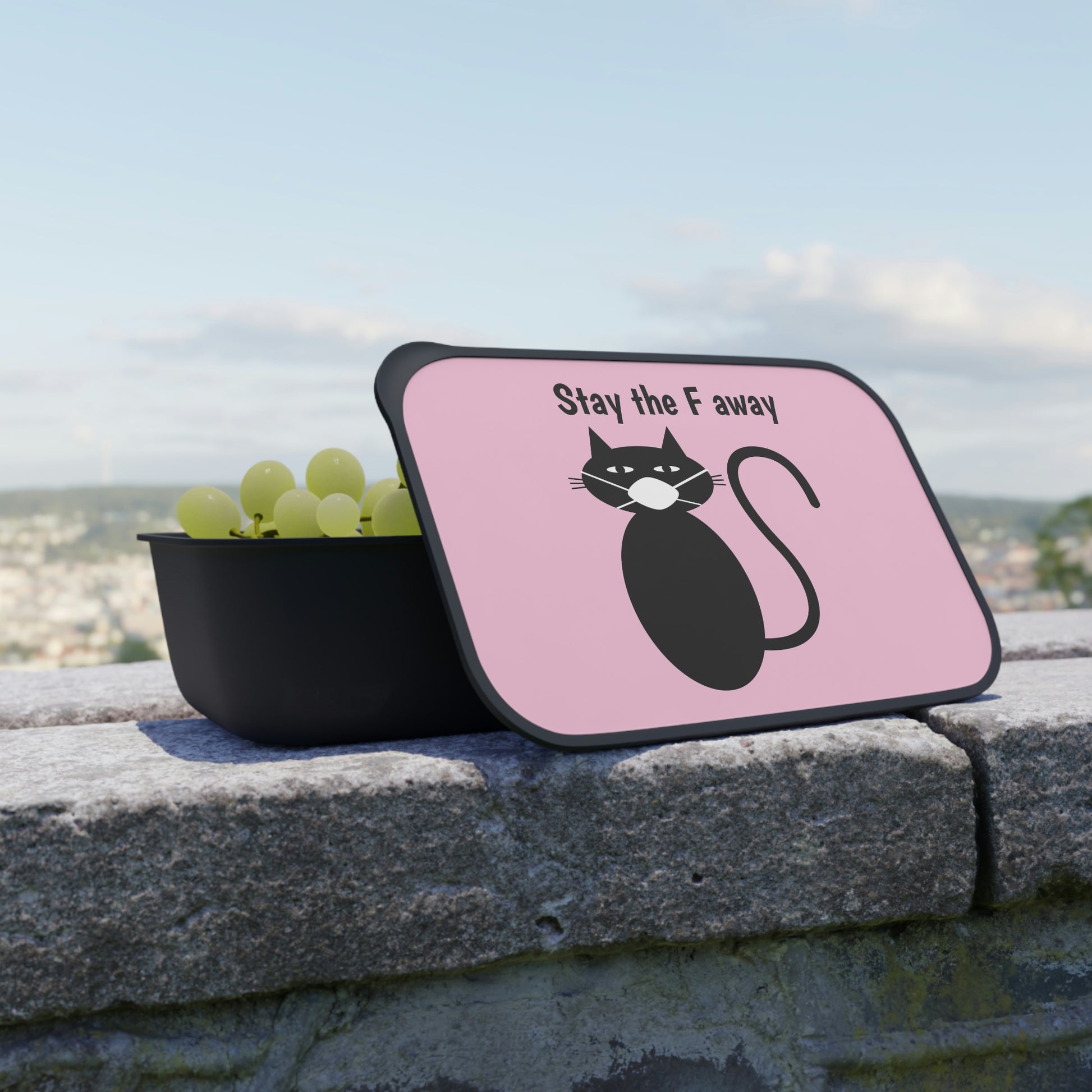 Funny Black cat wearing mask says Stay the F away PLA Lunch Bento Box with Band and Utensils, cute bento box, kawaii bento ,bento bag gift