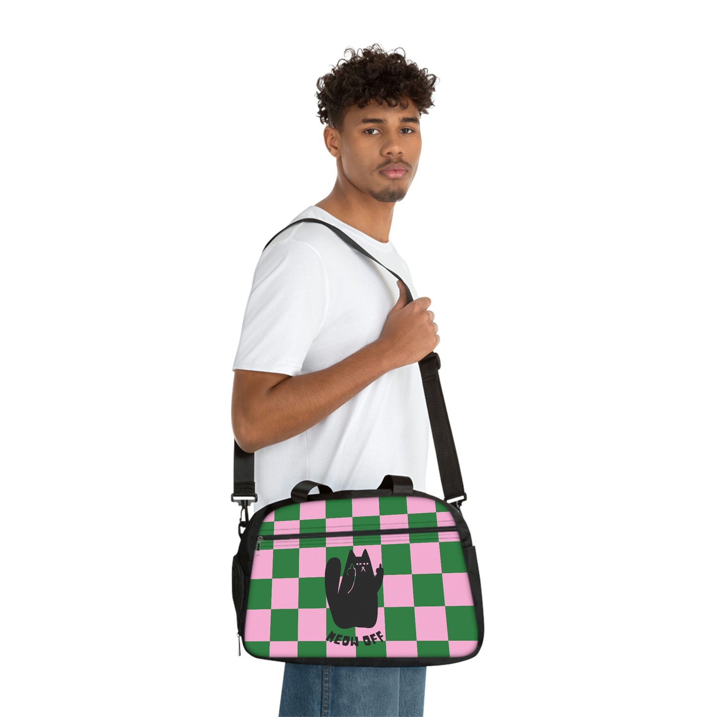 Checkered Cat pointing middle finger says meow off Fitness Handbag