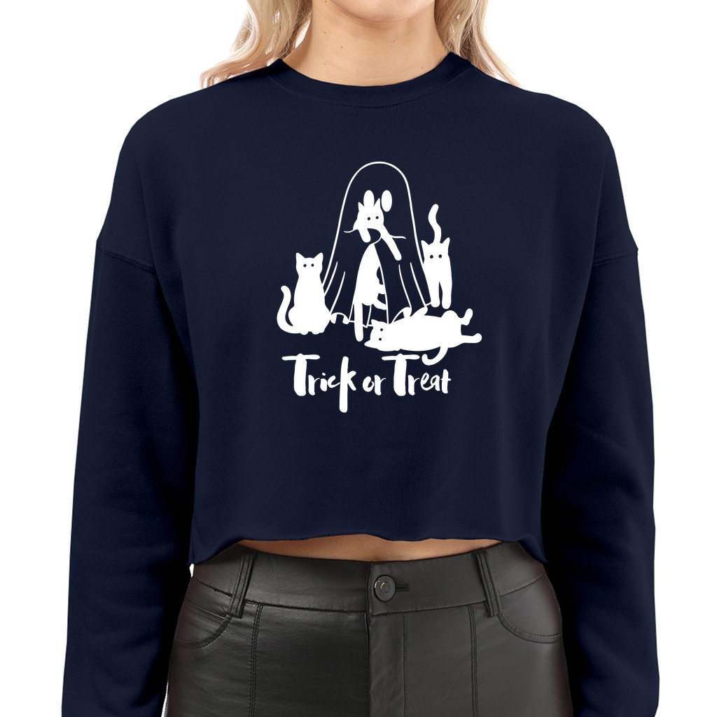Ghost and cats Women's Cropped Sweatshirt, Cute cat Halloween crop sweater, Funny Cat Halloween pullover, Spooky Season cropped jumper
