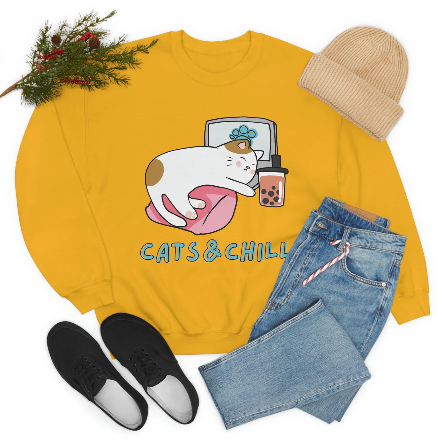 Cats and chill Crewneck Sweatshirt, cat lover gift, funny cat sweater, crazy cat lady jumper, cat owner gift, cat mom pullover cute cat gift