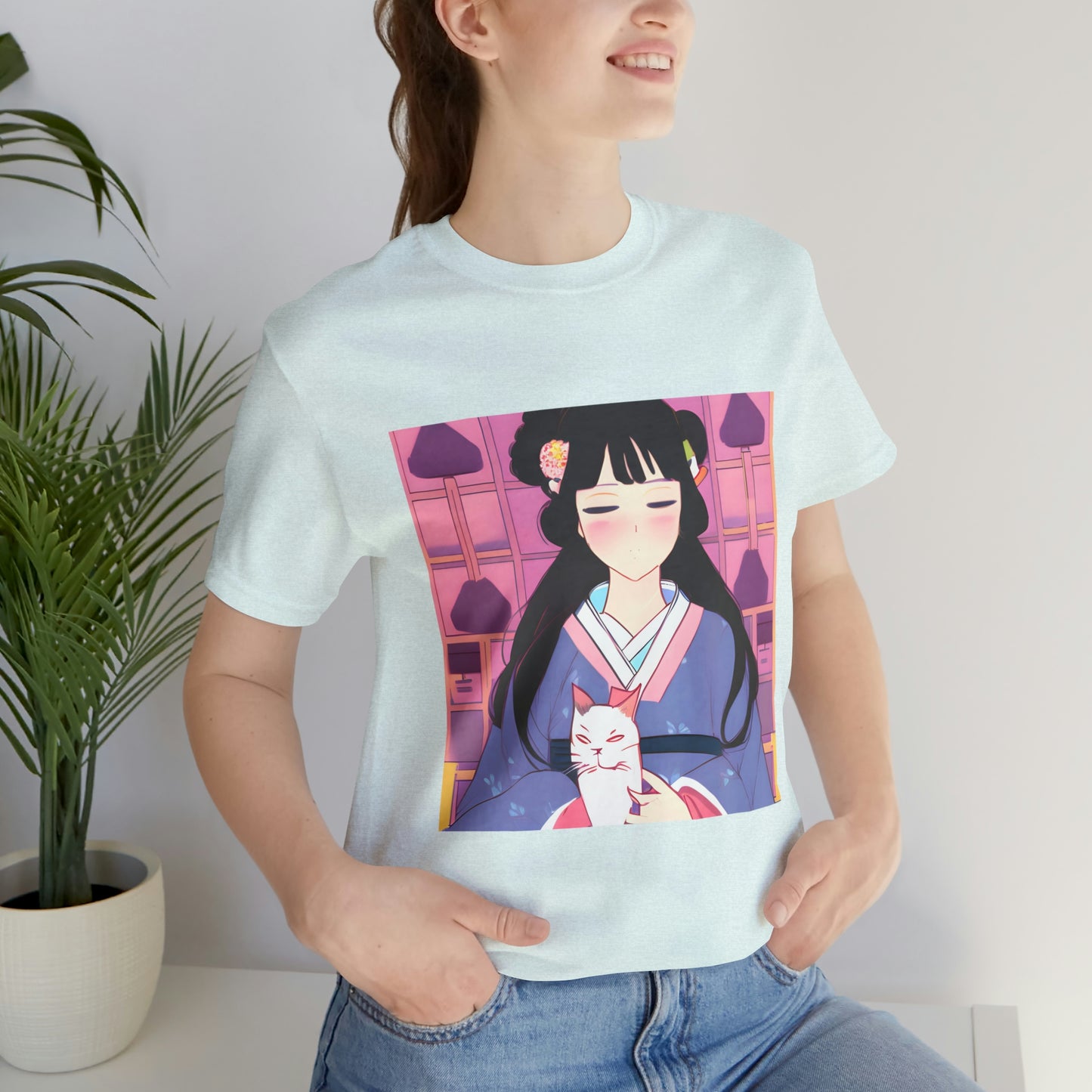 Anime girl in kimono and cat T-shirt, anime geisha and cat shirt, cute anime girl shirt, kawaii cat shirt, Otaku Japanese culture T-shirt