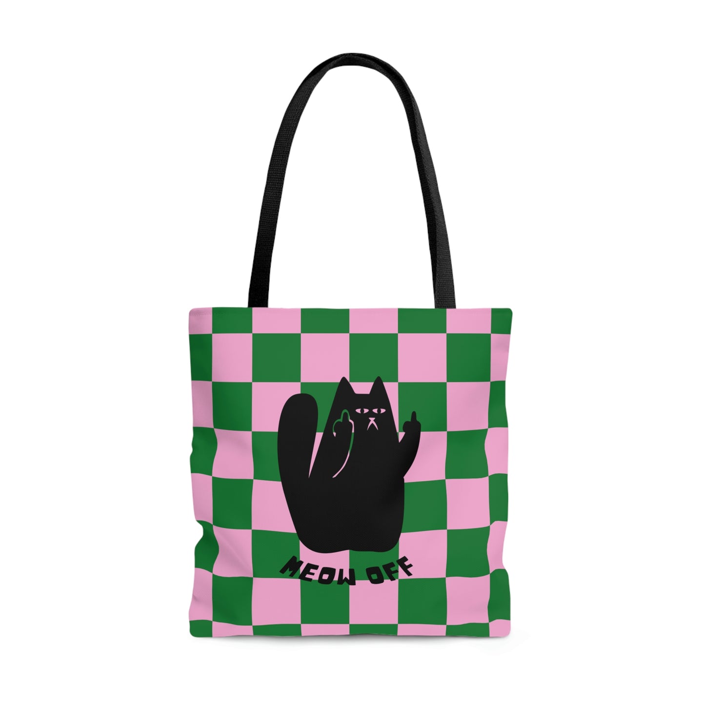 Checkered Funny cat bag, sarcastic cat bag, Black Cat pointing middle finger and says meow off AOP tote bag, Fuck you cat gift