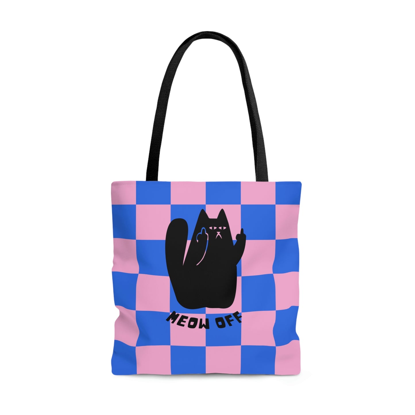 Checkered Funny cat tote bag, sarcastic cat tote bag, Black Cat middle finger says meow off tote bag, crazy cat lady shopping bag, cute bag