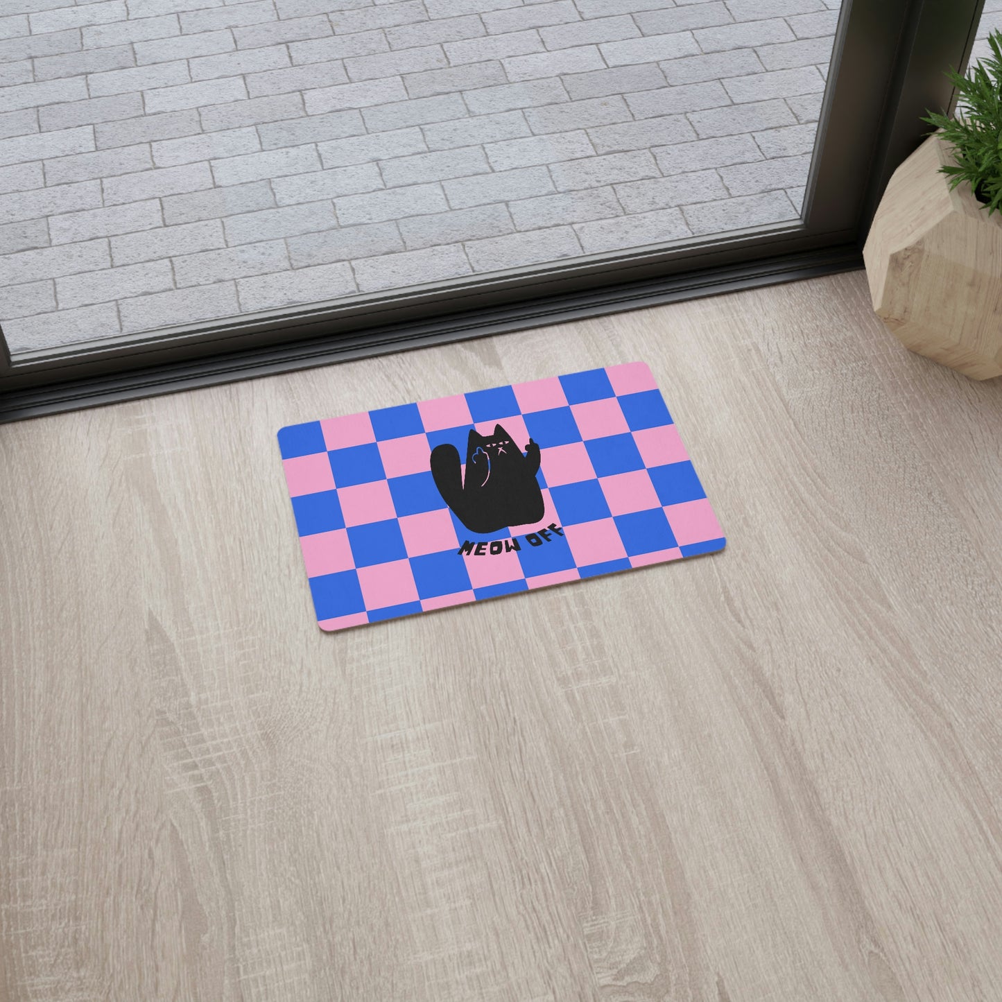 Checkered Funny cat Floor Mat