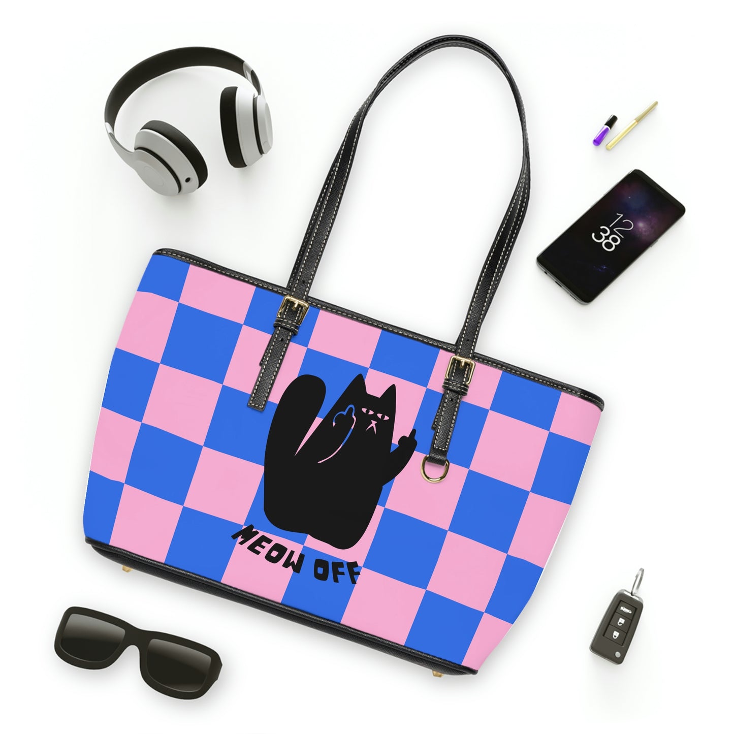 Checked Funny cat PU Leather Shoulder Bag, Black Cat middle finger Shoulder Bag, cat lover gift, cute fake leather bag, crazy cat lady bag