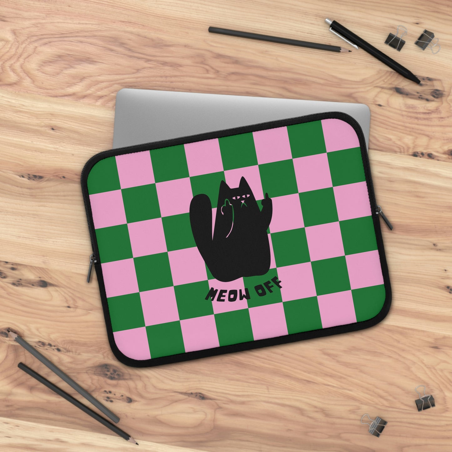 Checkered Funny Black Cat Laptop Sleeve