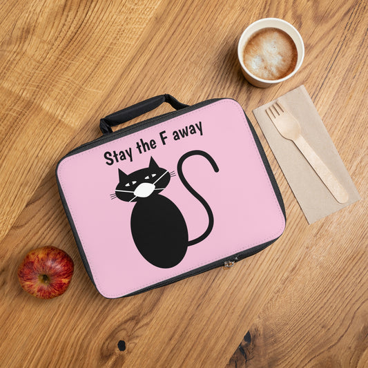 Black cat wearing mask Stay the F away Lunch Bag, funny cat lunch tote, cute kawaii cat lunch bag, sarcastic cat lunch bag, pink lunch tote