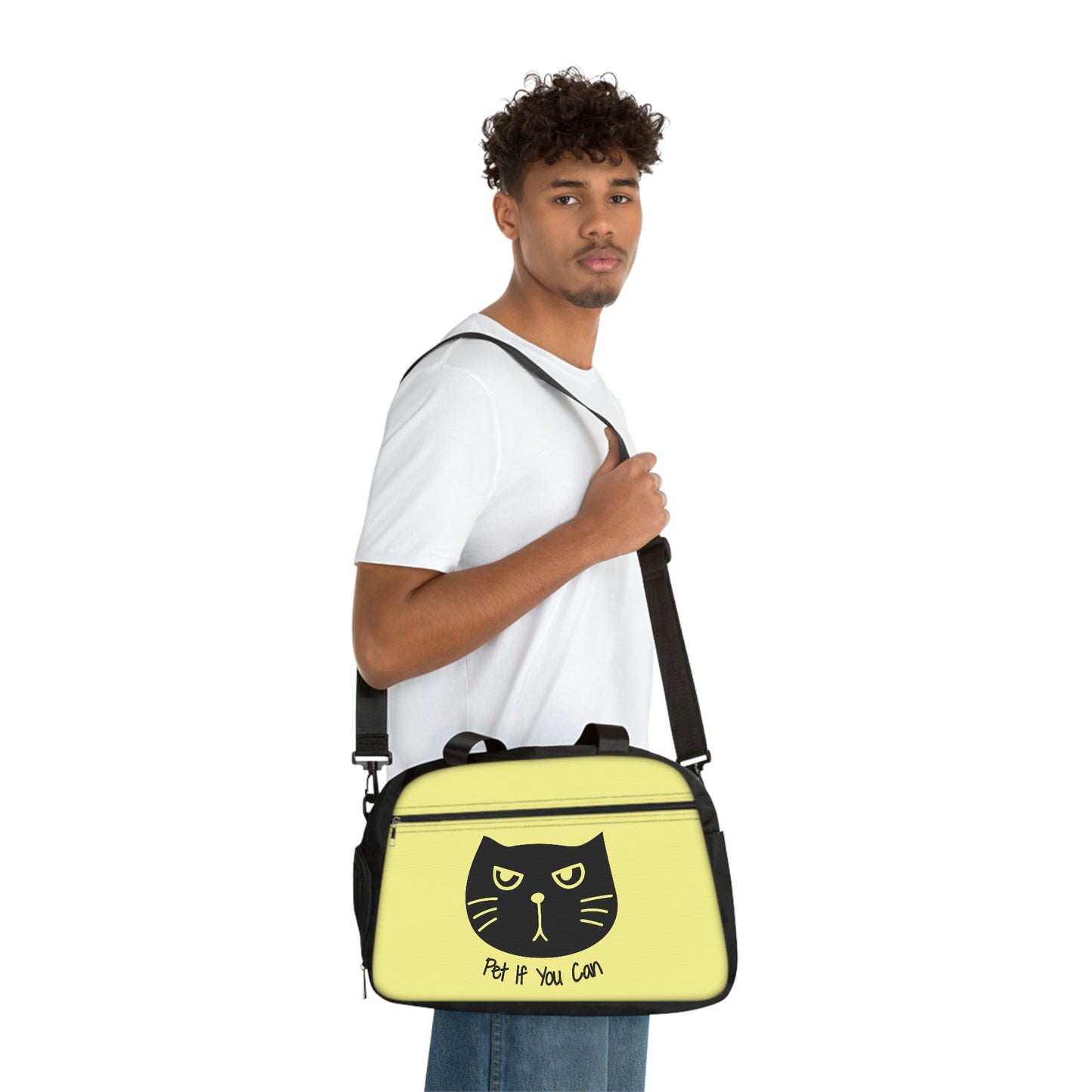 Black cat says Pet If You Can yellow Fitness Handbag