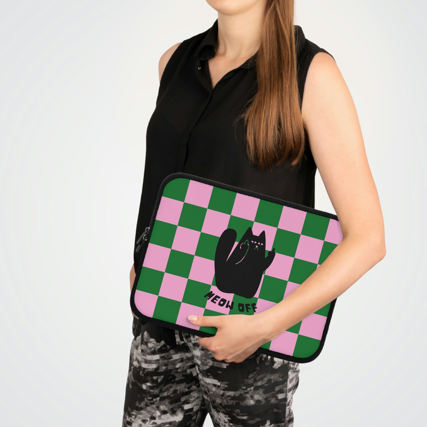 Checkered Funny Black Cat Laptop Sleeve