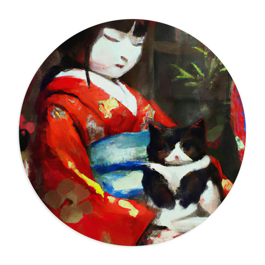 Geisha and cat round mouse pad, maiko and cat mouse pad, Japanese feudal art round mouse pad, Asian-inspired art mouse pad, back to school