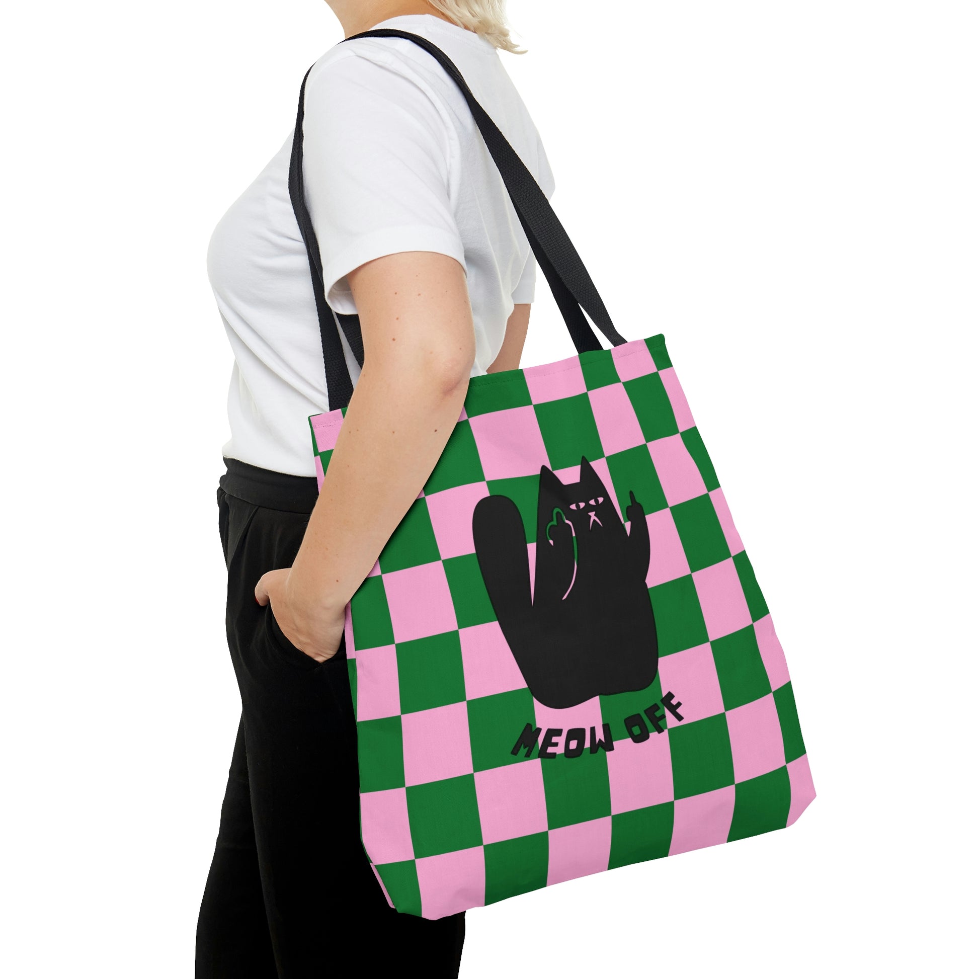 Checkered Funny cat bag, sarcastic cat bag, Black Cat pointing middle finger and says meow off AOP tote bag, Fuck you cat gift