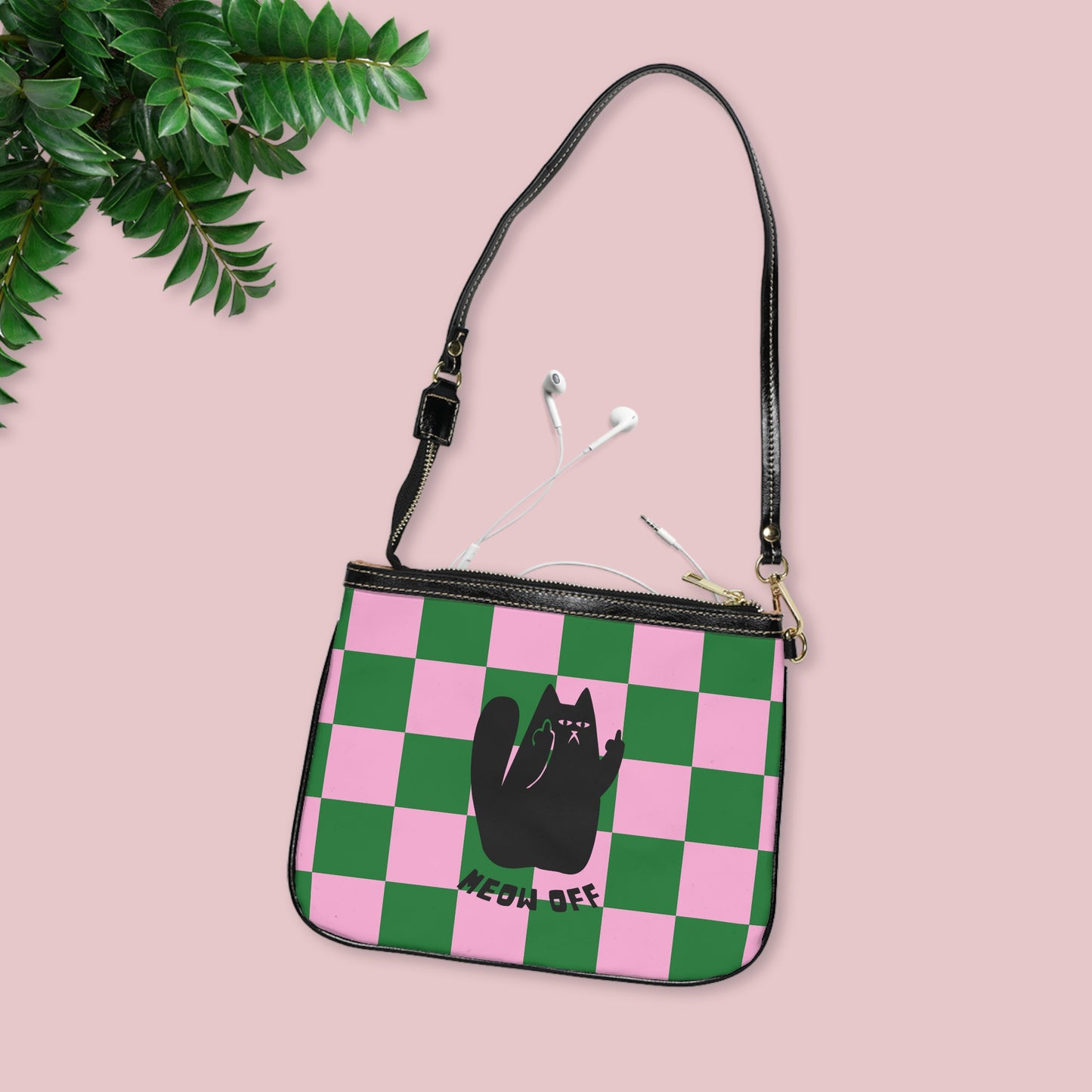 Checkered Funny cat Small Shoulder Bag, Black Cat pointing middle finger crossbody bag, cat lover gift, gift for her, cat mom small purse